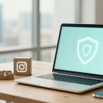 A laptop displaying a shield icon on its screen sits on a wooden desk. Nearby are a small box with jewelry, a cube with the Instagram logo, and a smartphone. A blurred cityscape is visible through large windows in the background.