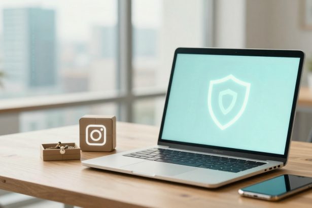 A laptop displaying a shield icon on its screen sits on a wooden desk. Nearby are a small box with jewelry, a cube with the Instagram logo, and a smartphone. A blurred cityscape is visible through large windows in the background.