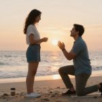 A man kneels on a beach at sunset, proposing to a woman. She stands in front of him, holding his hands. A coffee cup is on the sand nearby.