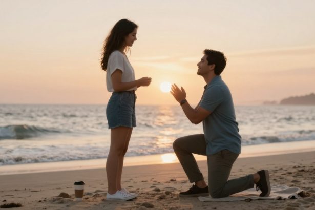 A man kneels on a beach at sunset, proposing to a woman. She stands in front of him, holding his hands. A coffee cup is on the sand nearby.