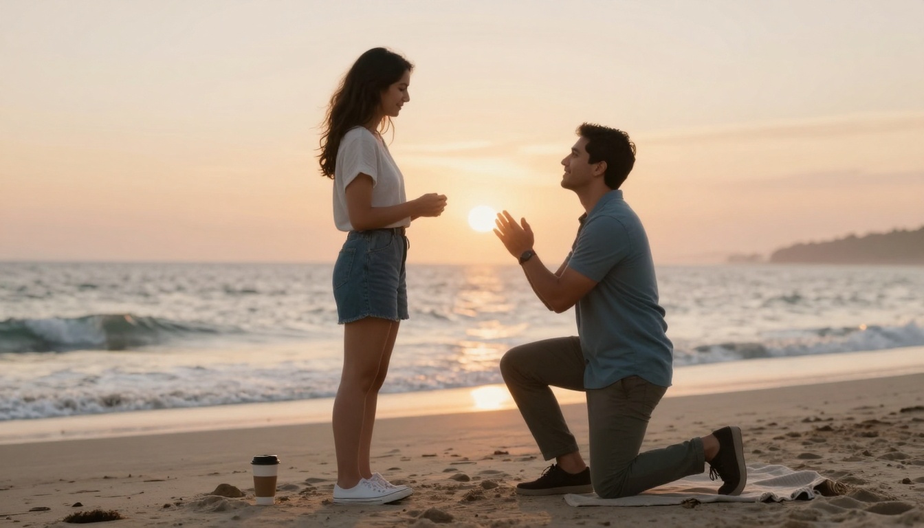 A man kneels on a beach at sunset, proposing to a woman. She stands in front of him, holding his hands. A coffee cup is on the sand nearby.