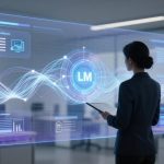 A woman in a suit examines a large, transparent digital display with data charts and a central "LM" logo. A robot stands in the background, inside a modern office.