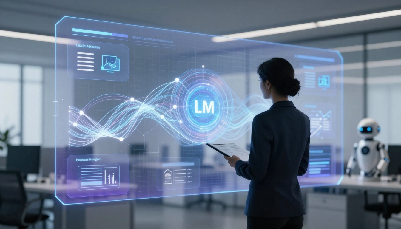 A woman in a suit examines a large, transparent digital display with data charts and a central "LM" logo. A robot stands in the background, inside a modern office.