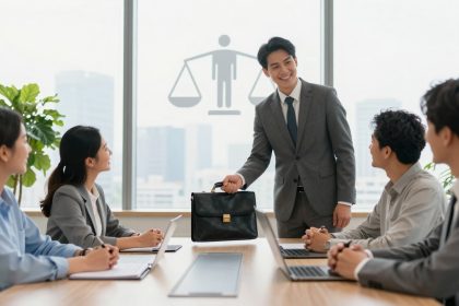 A man in a suit stands smiling at a conference table holding a briefcase. Four seated colleagues in business attire look at him. A window with a scale symbol is in the background.
