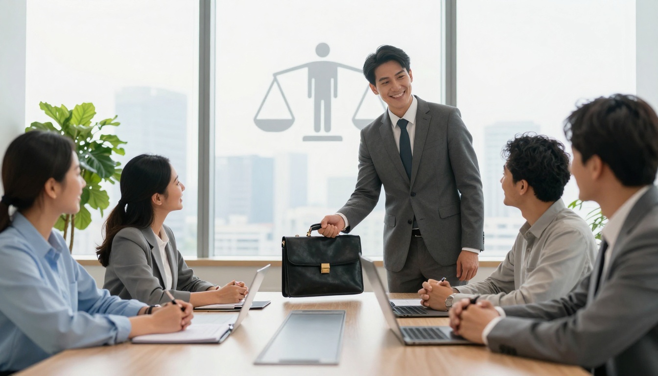 A man in a suit stands smiling at a conference table holding a briefcase. Four seated colleagues in business attire look at him. A window with a scale symbol is in the background.