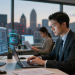 A man in a suit works on a laptop in a modern office with large windows. Two monitors display code. Two colleagues are in the background, one reading a document. Cityscape visible outside.