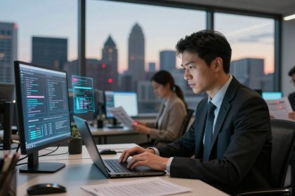 A man in a suit works on a laptop in a modern office with large windows. Two monitors display code. Two colleagues are in the background, one reading a document. Cityscape visible outside.