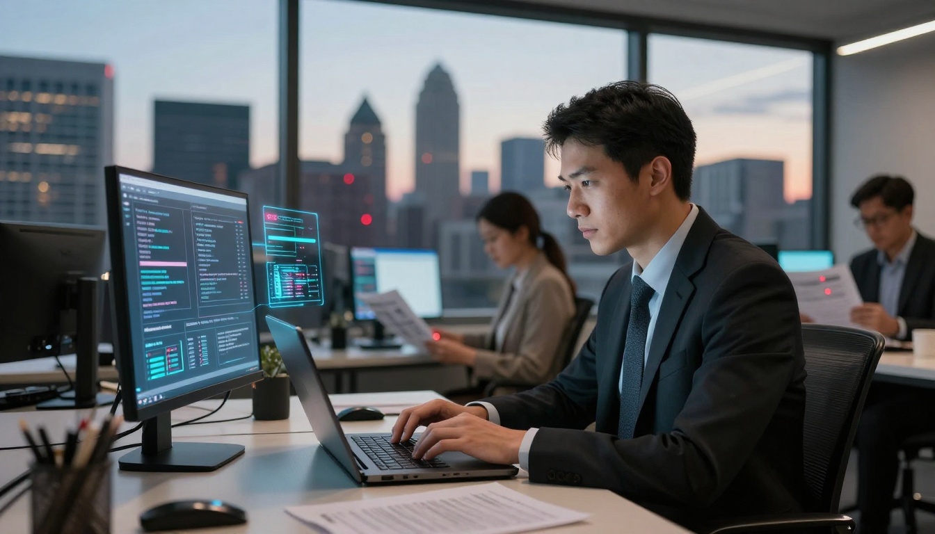 A man in a suit works on a laptop in a modern office with large windows. Two monitors display code. Two colleagues are in the background, one reading a document. Cityscape visible outside.