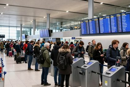 People stand in line at an airport check-in area. They wear winter clothing and carry luggage. Flight information screens are visible above.
