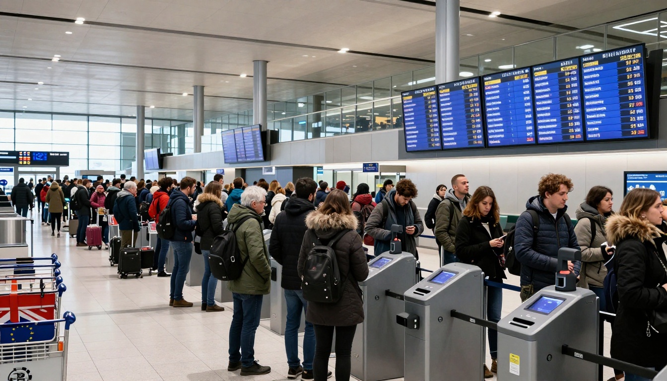 People stand in line at an airport check-in area. They wear winter clothing and carry luggage. Flight information screens are visible above.