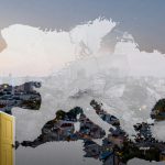 A cityscape at dusk with a map overlay of Europe and surrounding regions. Two doors with European Union flags, one yellow and one white, flank the scene.