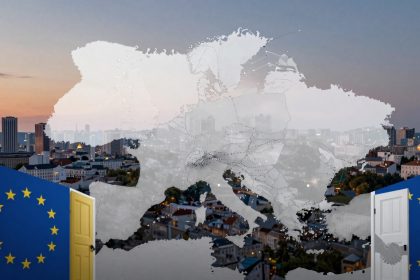 A cityscape at dusk with a map overlay of Europe and surrounding regions. Two doors with European Union flags, one yellow and one white, flank the scene.