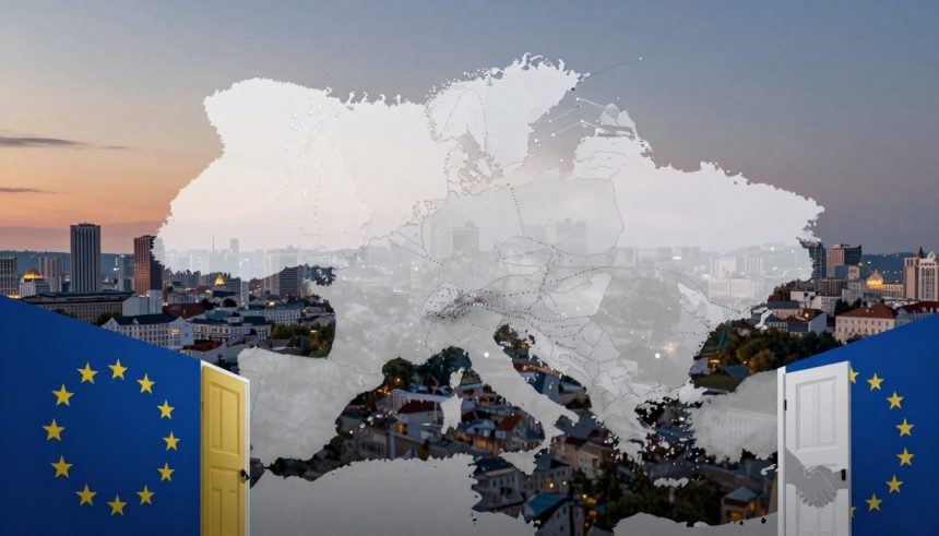 A cityscape at dusk with a map overlay of Europe and surrounding regions. Two doors with European Union flags, one yellow and one white, flank the scene.