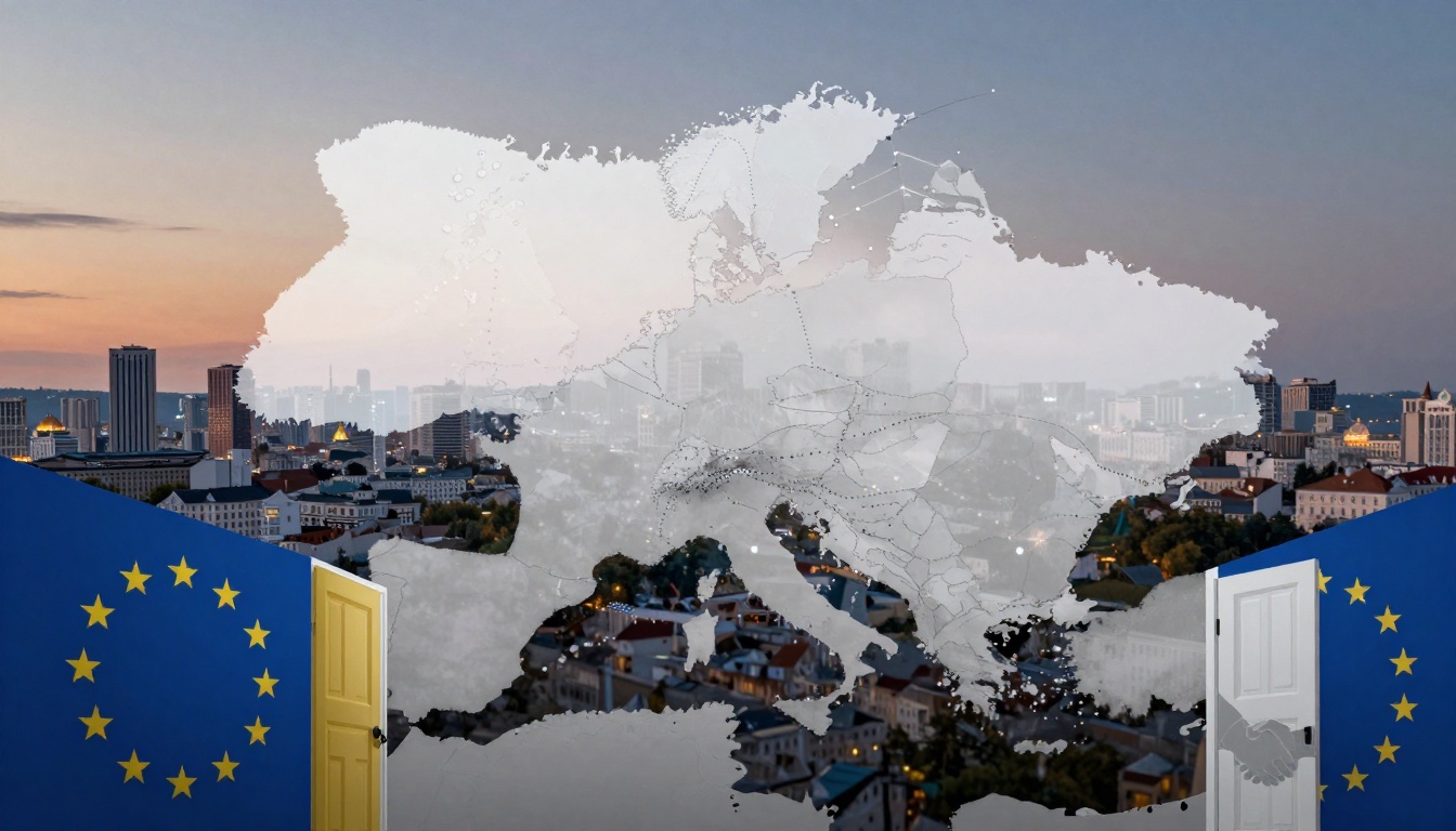 A cityscape at dusk with a map overlay of Europe and surrounding regions. Two doors with European Union flags, one yellow and one white, flank the scene.