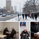 Top image: Snowy city street with police cars and pedestrians walking along a path by a fence. A large building is visible in the background. Bottom left: Three men seated at tables in a room, writing on papers. A poster is on the wall. Bottom right: Elderly woman holding a cane, sitting in front of a poster.