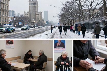 Top image: Snowy city street with police cars and pedestrians walking along a path by a fence. A large building is visible in the background. Bottom left: Three men seated at tables in a room, writing on papers. A poster is on the wall. Bottom right: Elderly woman holding a cane, sitting in front of a poster.