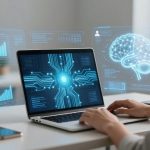 A person types on a laptop displaying digital circuit graphics. Holographic screens show data charts and a brain diagram. A smartphone and plant are on the desk.