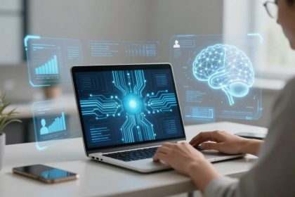 A person types on a laptop displaying digital circuit graphics. Holographic screens show data charts and a brain diagram. A smartphone and plant are on the desk.