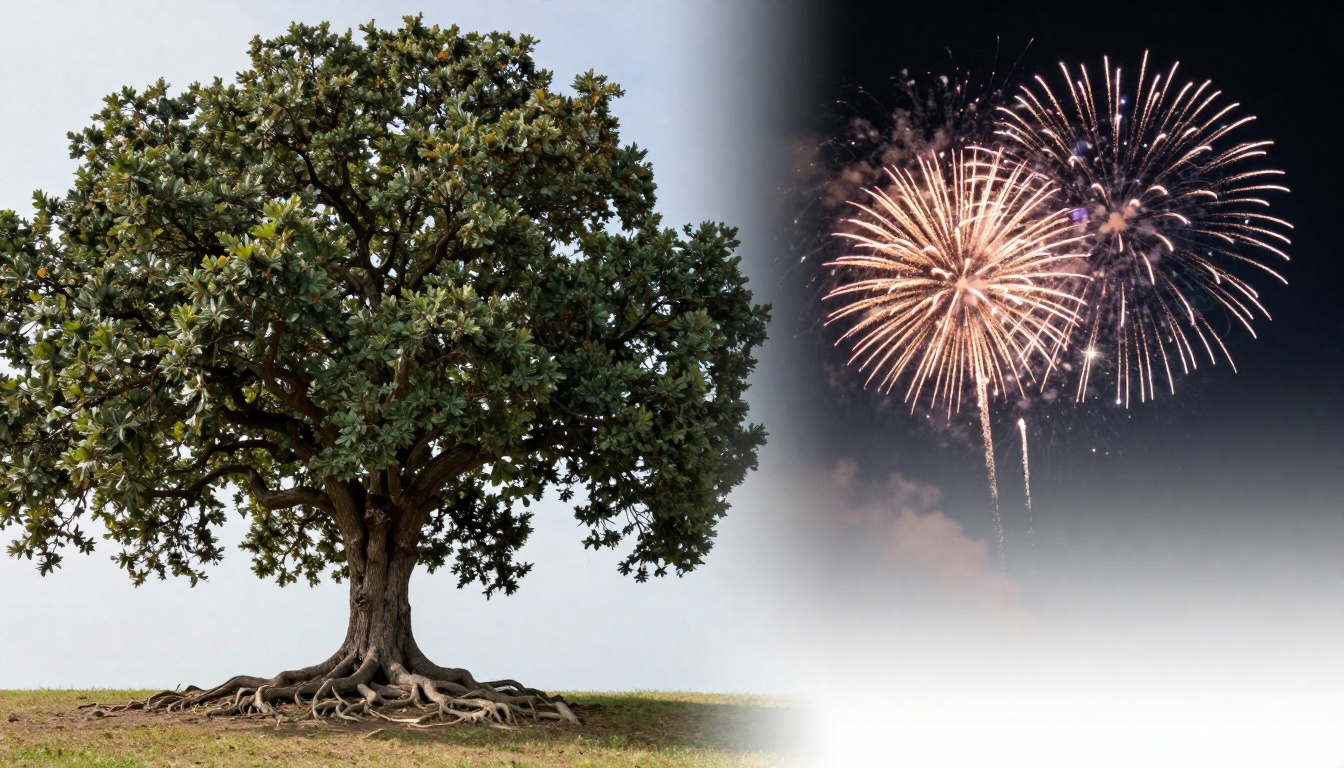 A large oak tree with exposed roots stands on grass under a clear sky, juxtaposed with colorful fireworks bursting against a dark night sky.