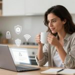A woman sits at a table in a kitchen, holding a white mug and looking at a laptop. Digital security icons float near the screen. A notebook and plant are on the table.