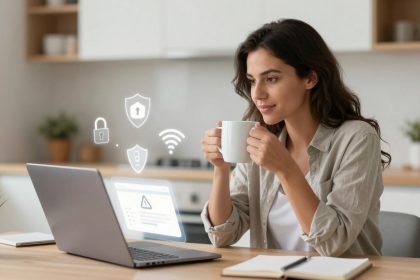 A woman sits at a table in a kitchen, holding a white mug and looking at a laptop. Digital security icons float near the screen. A notebook and plant are on the table.