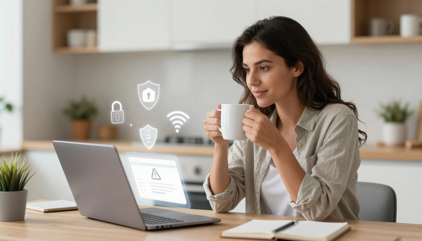 A woman sits at a table in a kitchen, holding a white mug and looking at a laptop. Digital security icons float near the screen. A notebook and plant are on the table.