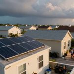 A suburban neighborhood features houses with solar panels on the roofs. In the foreground, a group of people gathers around a table in a driveway, possibly sharing a meal. The sky is partly cloudy, suggesting a recent or impending storm. The scene is lit by a streetlamp, and a child is running on the road.