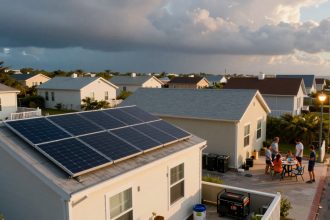 A suburban neighborhood features houses with solar panels on the roofs. In the foreground, a group of people gathers around a table in a driveway, possibly sharing a meal. The sky is partly cloudy, suggesting a recent or impending storm. The scene is lit by a streetlamp, and a child is running on the road.
