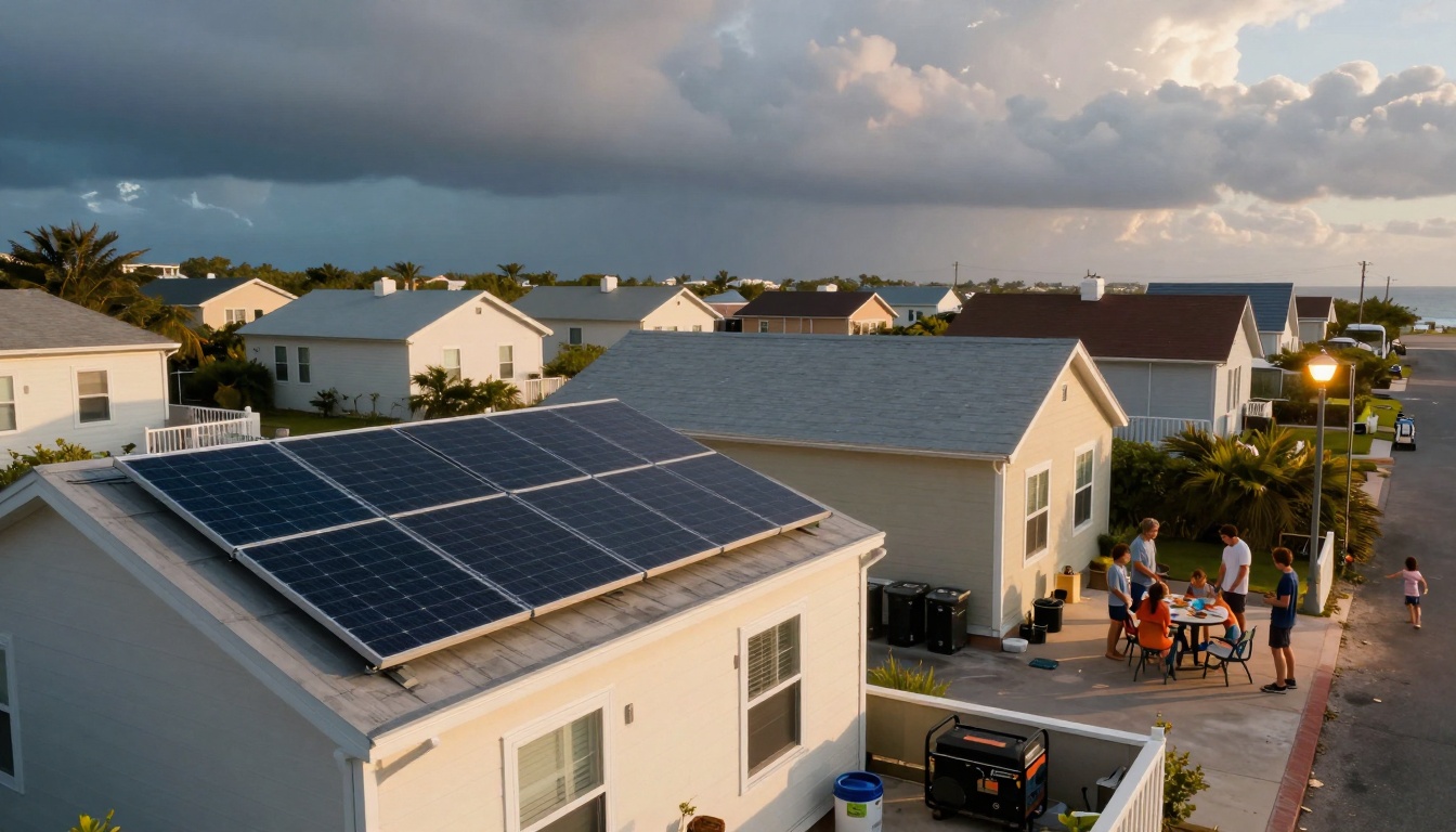 A suburban neighborhood features houses with solar panels on the roofs. In the foreground, a group of people gathers around a table in a driveway, possibly sharing a meal. The sky is partly cloudy, suggesting a recent or impending storm. The scene is lit by a streetlamp, and a child is running on the road.