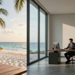 A split image shows a tropical beach with a cocktail and sunglasses on a wooden table on the left, and a man in a suit working at a desk in an office with large windows overlooking the ocean on the right.