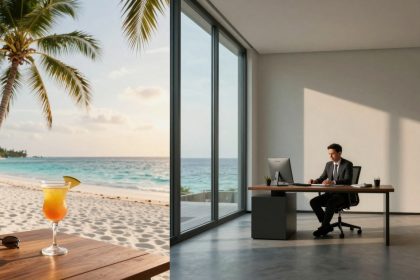A split image shows a tropical beach with a cocktail and sunglasses on a wooden table on the left, and a man in a suit working at a desk in an office with large windows overlooking the ocean on the right.