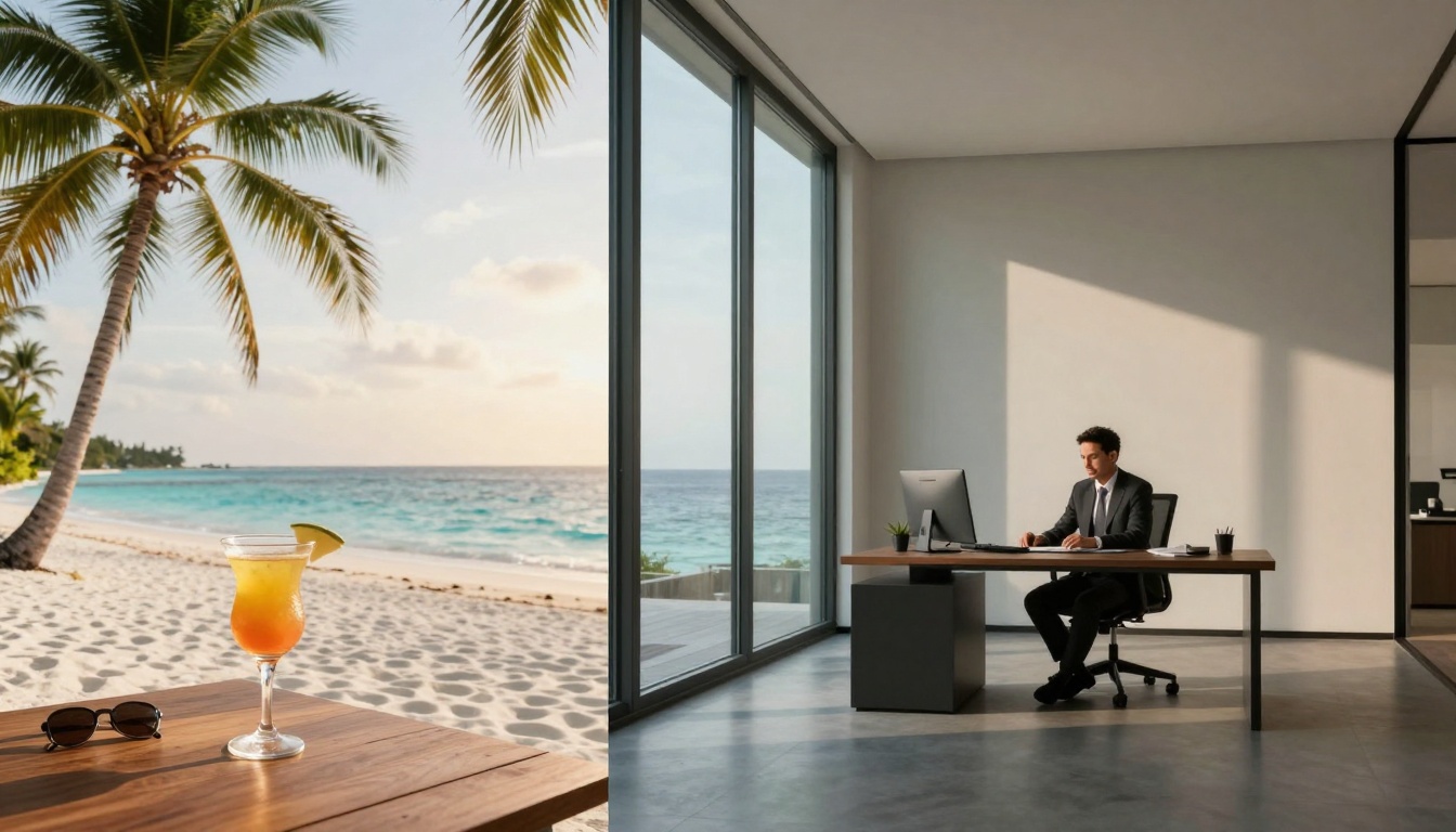 A split image shows a tropical beach with a cocktail and sunglasses on a wooden table on the left, and a man in a suit working at a desk in an office with large windows overlooking the ocean on the right.