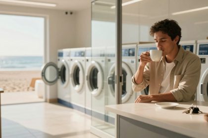 A man in a beige shirt sits at a counter in a laundromat, sipping coffee. Behind him are washing machines, and a beach view is visible through an open door. A set of keys and a candle are on the counter.
