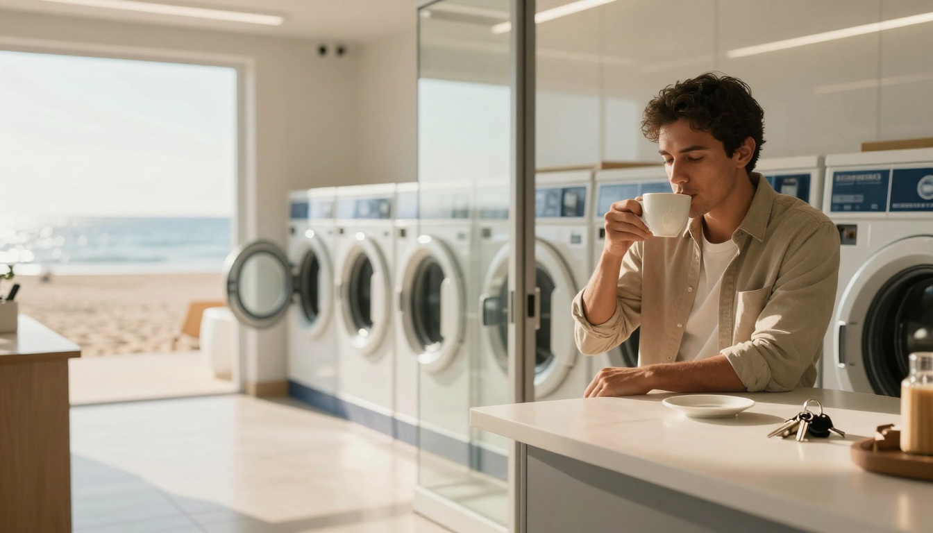 A man in a beige shirt sits at a counter in a laundromat, sipping coffee. Behind him are washing machines, and a beach view is visible through an open door. A set of keys and a candle are on the counter.