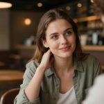 A woman with long brown hair and a green shirt is smiling at another person in a cafe. The background is blurred with tables and warm lighting.