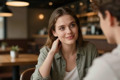 A woman with long brown hair and a green shirt is smiling at another person in a cafe. The background is blurred with tables and warm lighting.