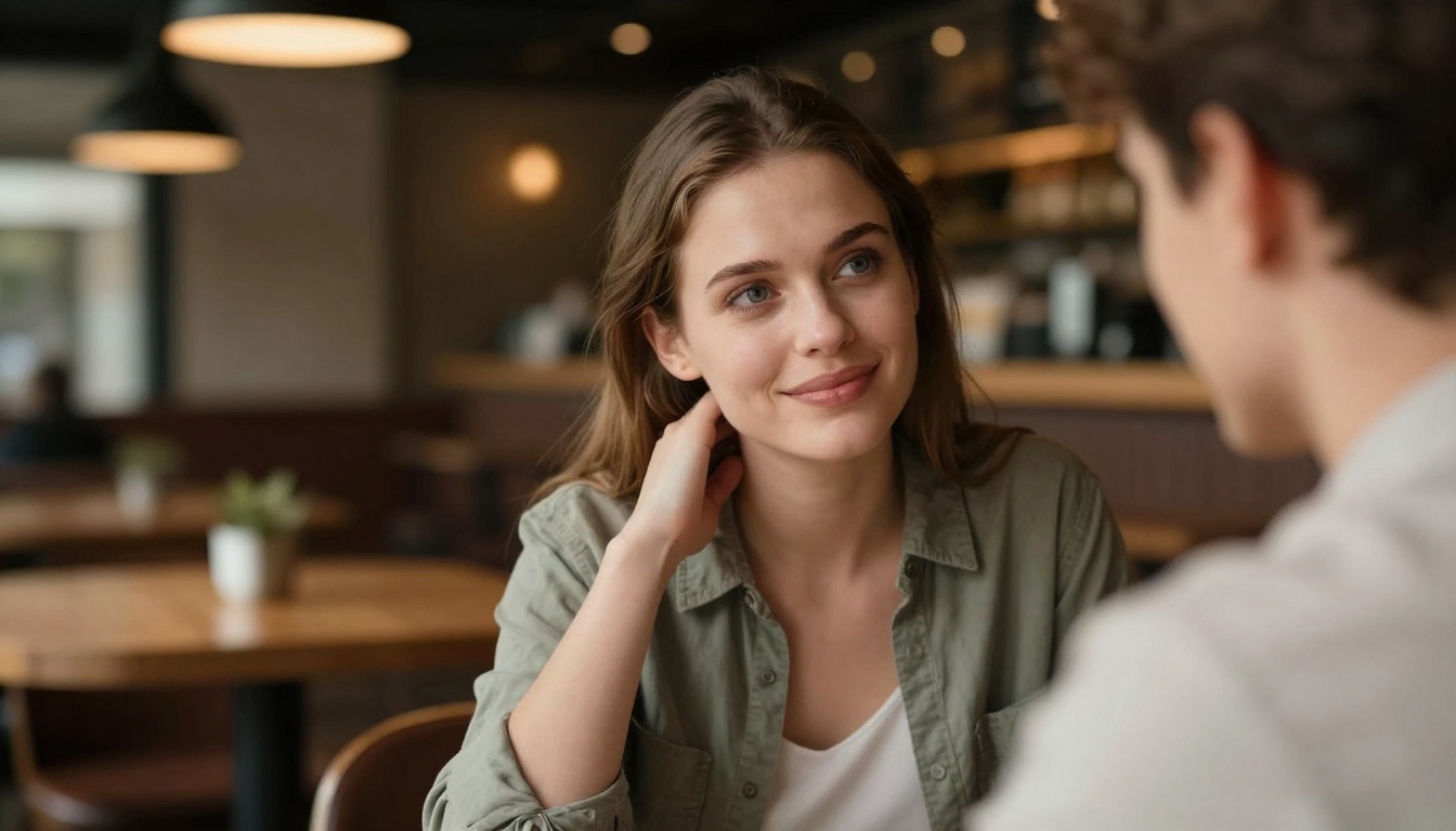 A woman with long brown hair and a green shirt is smiling at another person in a cafe. The background is blurred with tables and warm lighting.