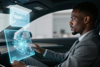 A man in a suit interacts with a holographic display labeled "Prompt Engineering" inside a car. The display shows a digital interface with a circular design.