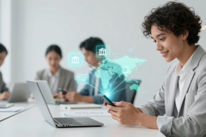 A person in a gray suit uses a smartphone at a desk with a laptop. A digital map and icons float above the phone. Two people work in the background.