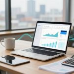 A laptop displaying graphs and charts is on a wooden desk. Nearby are a white coffee mug, a tablet, a calculator, documents, and a small plant. A large window reveals an urban skyline in the background.
