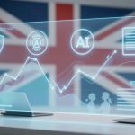 A futuristic digital interface displaying charts, AI icons, and data overlays on a transparent screen. A Union Jack flag is in the background, with a laptop and a plant on the desk.