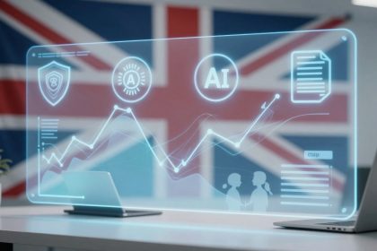 A futuristic digital interface displaying charts, AI icons, and data overlays on a transparent screen. A Union Jack flag is in the background, with a laptop and a plant on the desk.