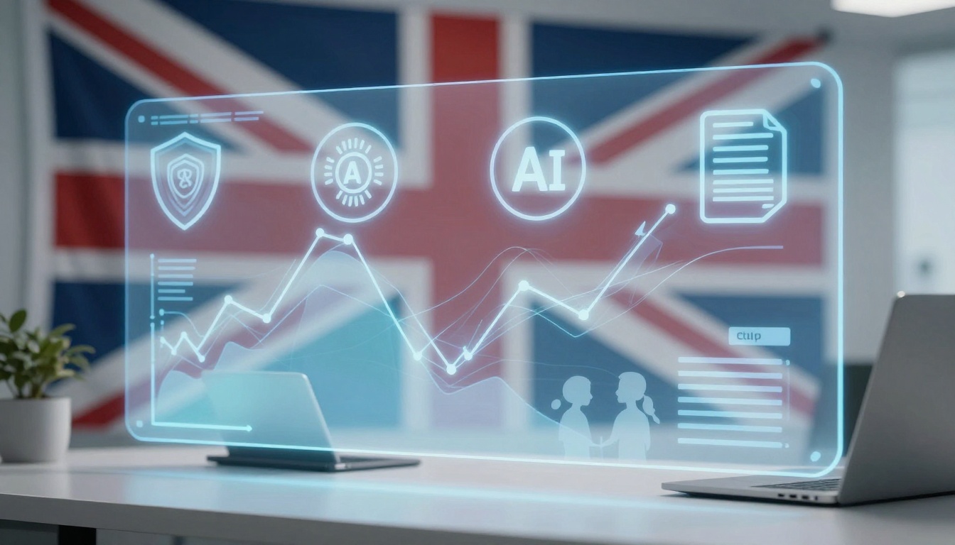A futuristic digital interface displaying charts, AI icons, and data overlays on a transparent screen. A Union Jack flag is in the background, with a laptop and a plant on the desk.