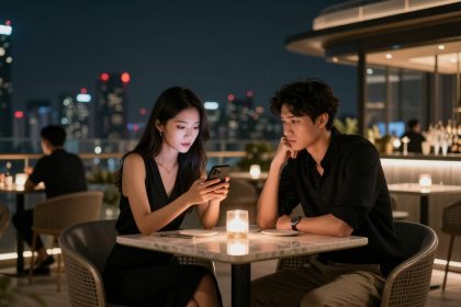 A couple sits at a candlelit table on a rooftop bar at night. The woman is looking at her phone, while the man rests his chin on his hand, gazing at her. The city skyline with illuminated buildings is visible in the background.