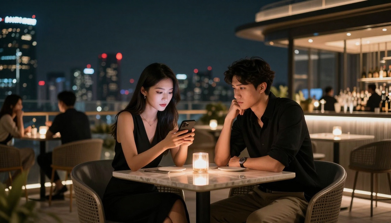A couple sits at a candlelit table on a rooftop bar at night. The woman is looking at her phone, while the man rests his chin on his hand, gazing at her. The city skyline with illuminated buildings is visible in the background.