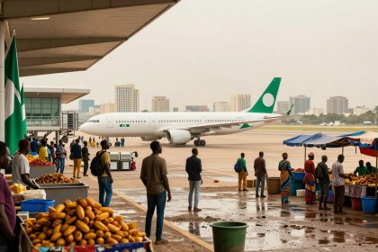 A white airplane with green accents taxis on an airport tarmac. In the foreground, vendors sell produce under colorful tents. People are walking and observing the scene. A large flag is visible on the left, and city buildings are in the background.