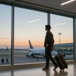 A person with dark hair stands in an airport terminal, holding a suitcase, looking out large windows at a sunset and parked airplane.