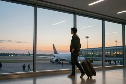 A person with dark hair stands in an airport terminal, holding a suitcase, looking out large windows at a sunset and parked airplane.