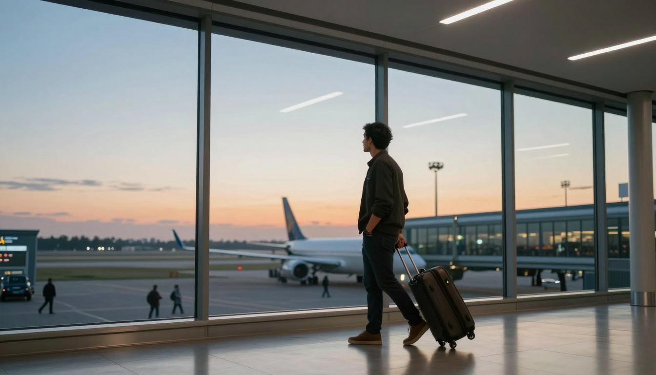 A person with dark hair stands in an airport terminal, holding a suitcase, looking out large windows at a sunset and parked airplane.