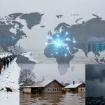 A composite image featuring a snowy scene with people walking, a world map with glowing network lines, a flooded residential area, and the Capitol building under stormy skies.